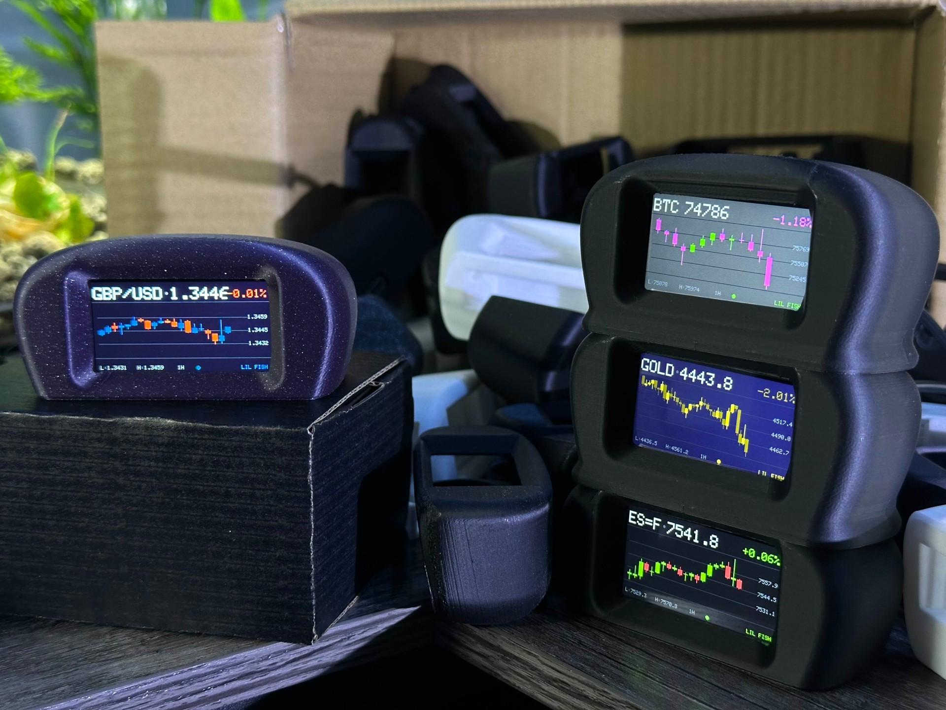 Wide shot of Lil Fish trading terminals showing BTC, GOLD and ES=F screens